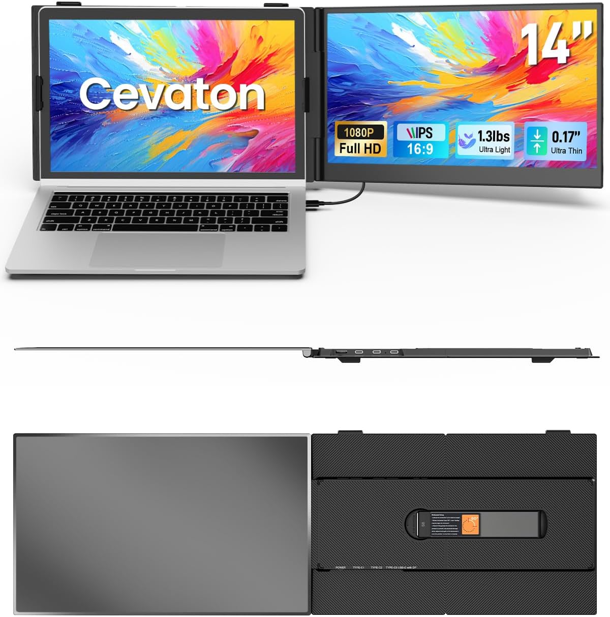 Cevaton Laptop Screen Extender, 14.1' Ultra-Slim & Lightweight Portable Monitor for 13'-17' Laptops, 1080P FHD Dual Monitor, One Cable Connection, Compatible with Wins/Mac/Android/Linux/Chrome