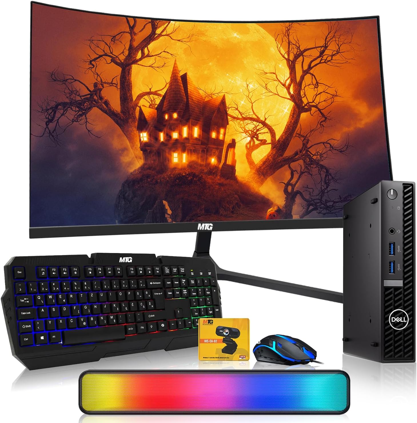 Dell Optiplex Tiny Mini Desktop PC, Intel Core i5, 32GB RAM, 1TB SSD with 24 inch Curved Monitor, AI Enabled RGB Keyboard Mouse, RGB Soundbar and Webcam Windows 11 Pro (Renewed)