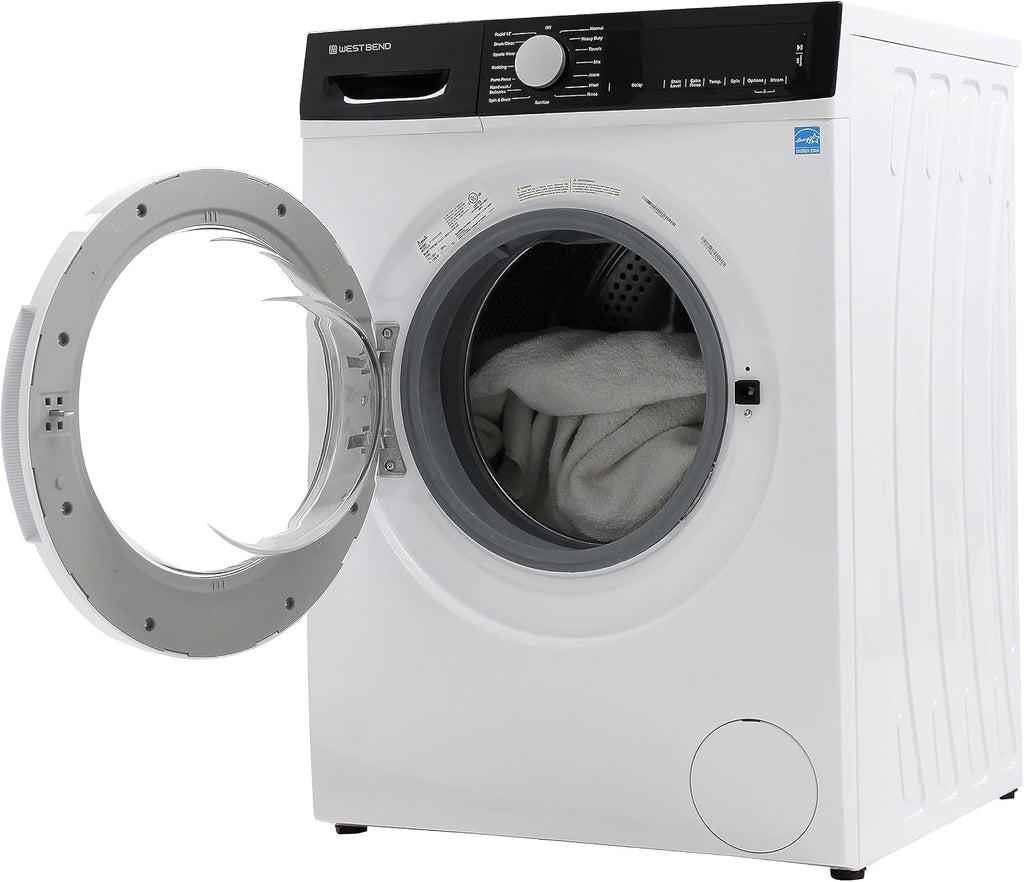 West Bend Washer Compact Front Load Washing Machine with 15 Wash Cycles, LED Display, See-Through Door, Stackable and Space-Saving Design, for Apartments, RVs, and Small Spaces, 2.2 Cu.Ft., White