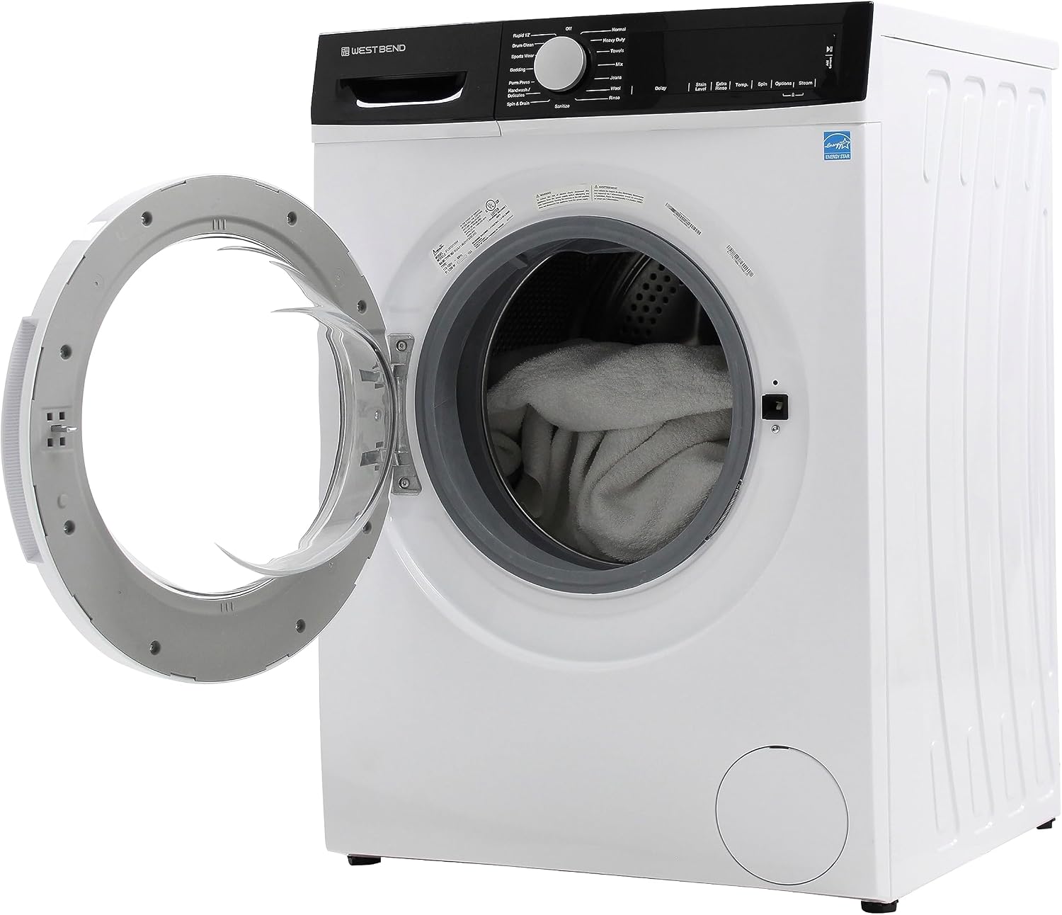 West Bend Washer Compact Front Load Washing Machine with 15 Wash Cycles, LED Display, See-Through Door, Stackable and Space-Saving Design, for Apartments, RVs, and Small Spaces, 2.2 Cu.Ft., White