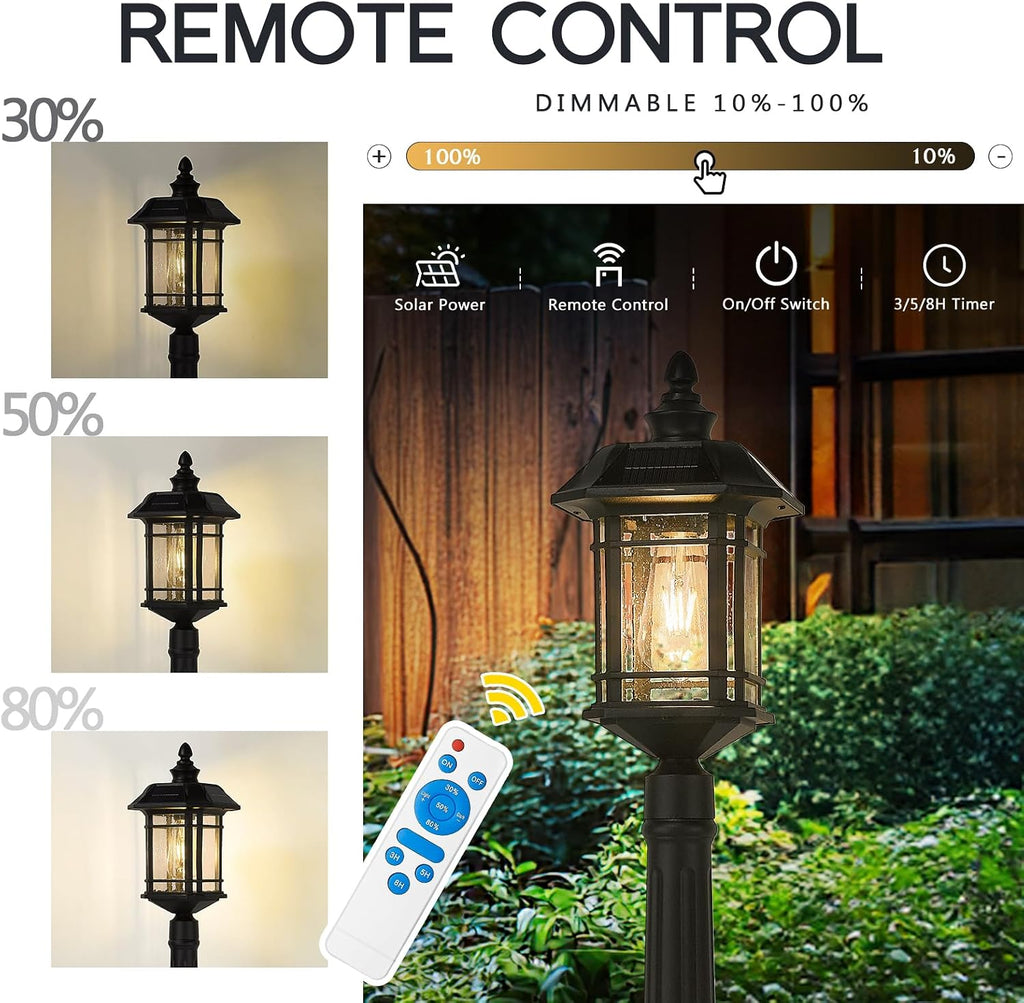 Emliviar Outside Solar Powered Post Light, Black Pathway Light with Remote Control, Dusk to Dawn LED Outdoor Solar Pole Lighting, Bulb Included, Seeded Glass, 2084PL-SL BK