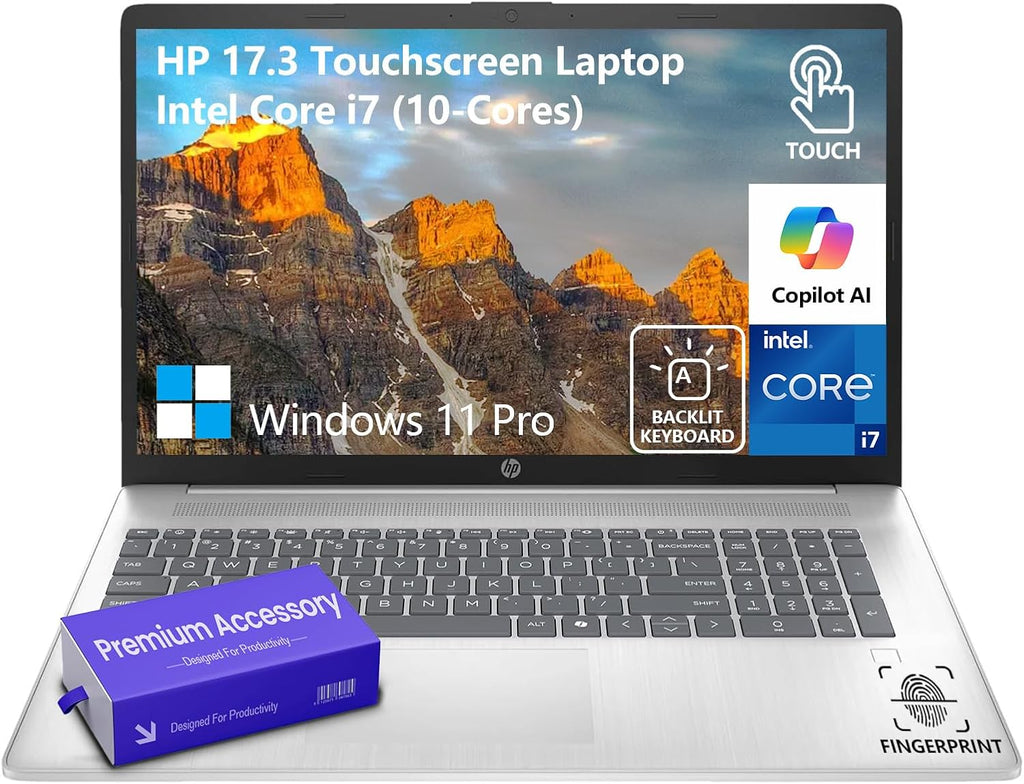 HP 17 Inch Laptop Touchscreen Computer, 17.3 HD+ Touch Screen Business Laptop PC, Intel 10-Core i7, Windows 11 Pro, Backlit Keyboard | Number Pad | Fingerprint | Wi-Fi 6 | 64GB RAM 2TB SSD | Sliver
