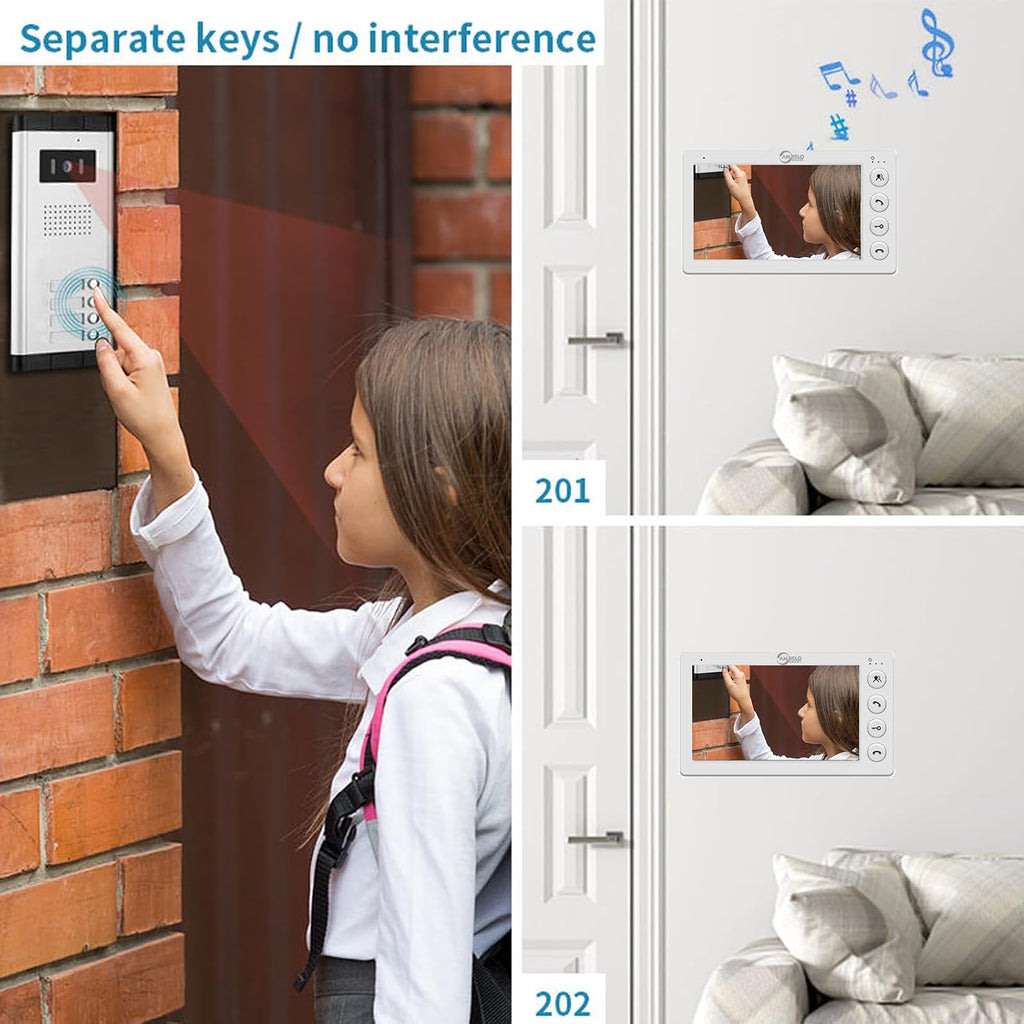 ANJIELO SMART Wired Video Apartment Intercom System,2/3/4/5/6/8/10/12 Units Family 7 inch Monitor Video Door Phone Kit,Indoor Outdoor Video Doorbell,2 Way Audio for Home (1 Doorbell + 8 Monitor)