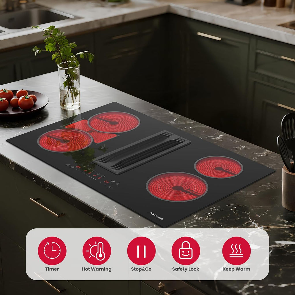 GASLAND 31.5 Inch Electric Cooktop with Downdraft Exhaust, 4 Burners 80cm Glass Radiant Stovetop 220V, 3-speed Max. 330 CFM Downdraft Vent
