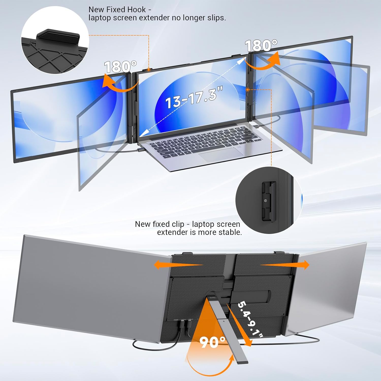 Laptop Screen Extender 0.17' Ultra-Thin, 14' 1080P FHD IPS Portable Monitor, Triple Screen Laptop Monitor Extender for 13'-17' Laptops, Plug & Play for Mac/Android/Chrome