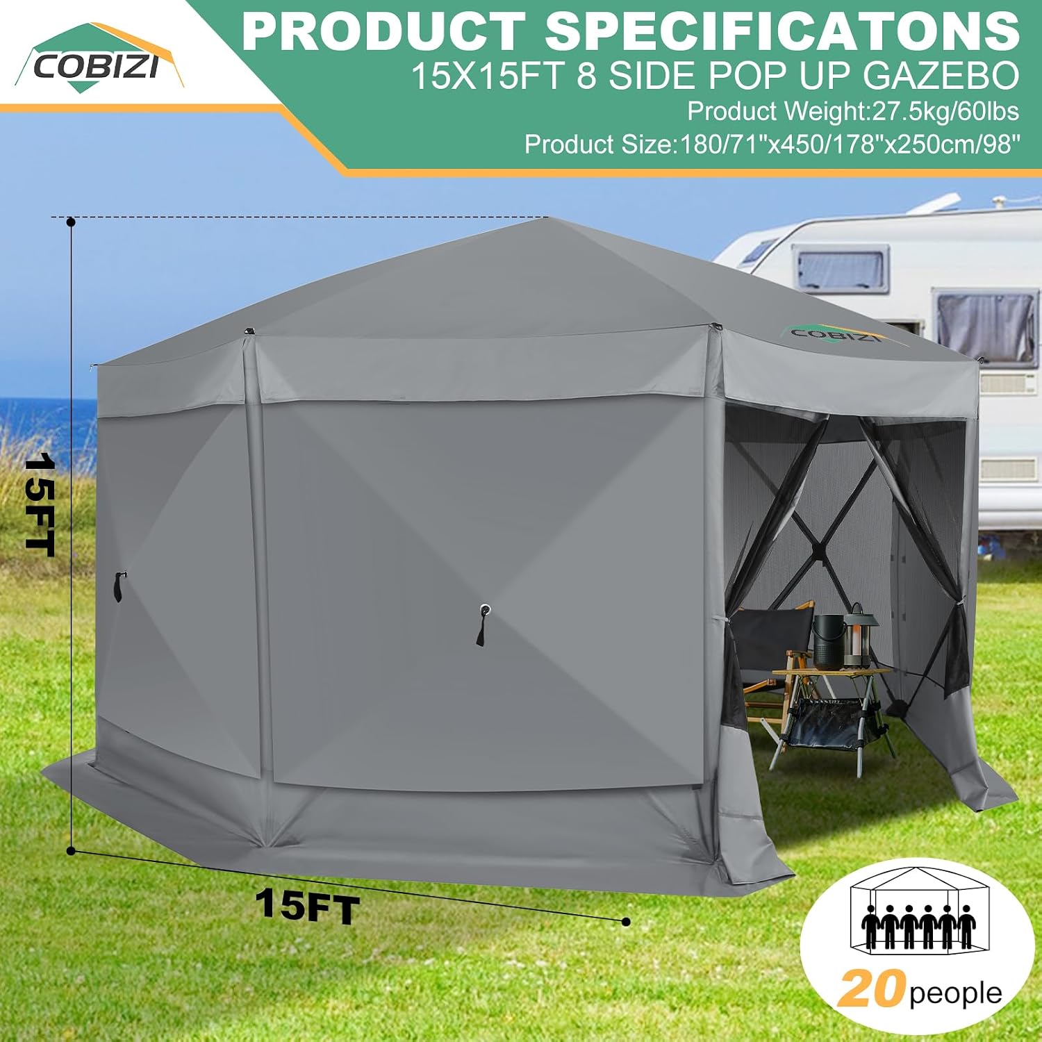 COBIZI 15x15 FT Pop Up Gazebo - Canopy Tent, Large Gazebos On Clearance with Sidewalls, Screened in Gazebo,carpas para Patio,Portable Screen Tents for 12-15 Persons Outdoor Camping, Backyard, Gray