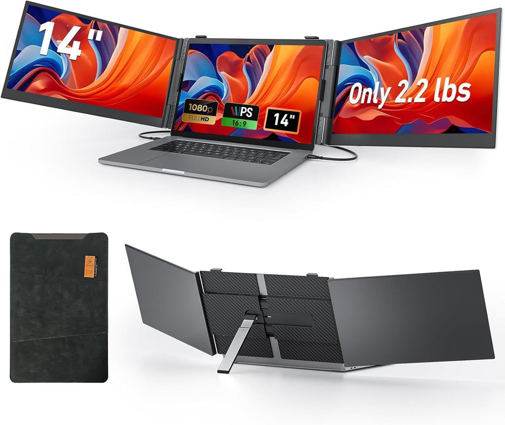 Vixtan 2.2lb Ultra-Light Laptop Screen Extender, 14' Triple Portable Monitor for Laptop, Ultra-Thin 1080P FHD Monitors for 13-17.3' Laptops, Triple Monitor Extended for Windows/Mac/Chrome