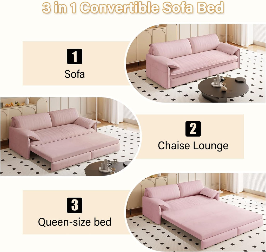 66' Convertible Queen Size Sleeper Sofa Couch Bed Pull Out Sleeper Sofabed for Living Room 3 in 1 Multi-Functional Oversized Cloud Futon Loveseat Recliner Lounge Chaise w/Side Storage,Soft Armrest