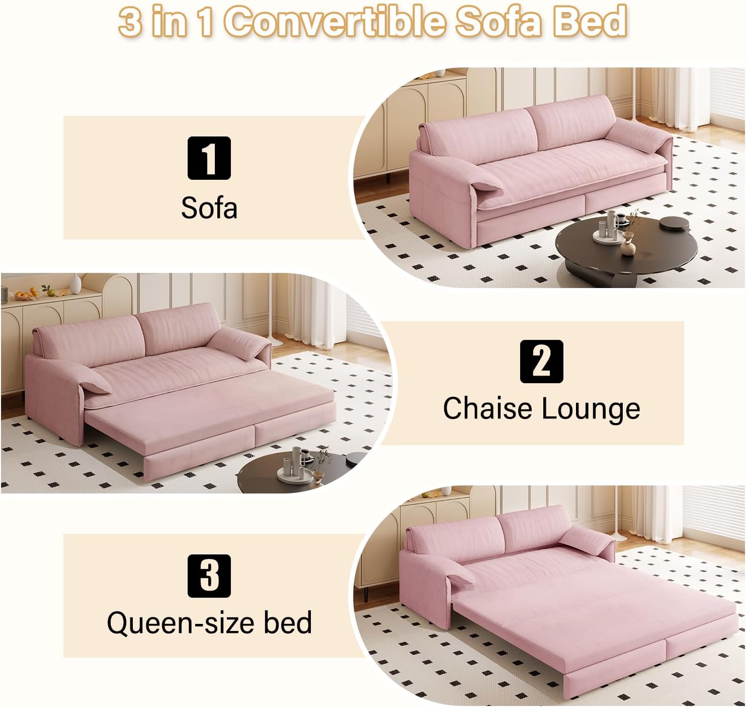 66' Convertible Queen Size Sleeper Sofa Couch Bed Pull Out Sleeper Sofabed for Living Room 3 in 1 Multi-Functional Oversized Cloud Futon Loveseat Recliner Lounge Chaise w/Side Storage,Soft Armrest