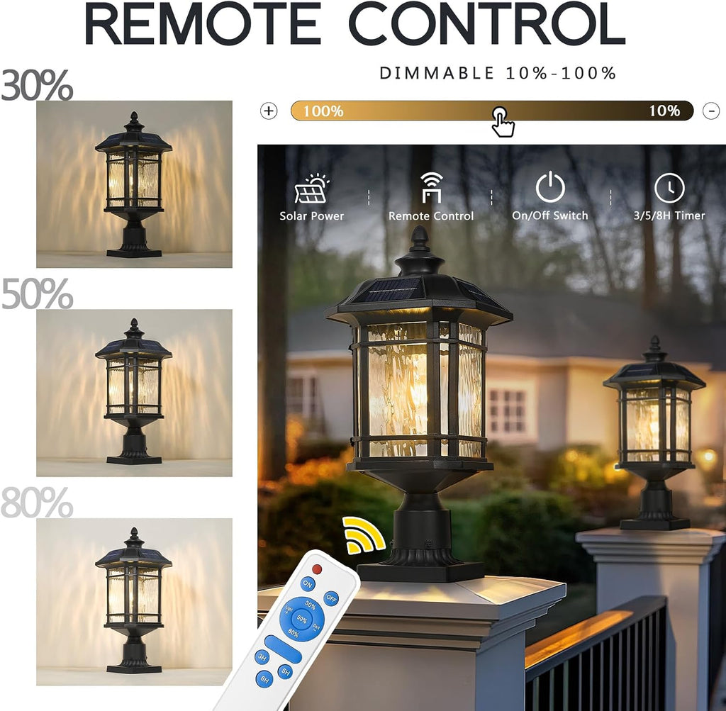 Emliviar 20.5' Solar Post Light Outdoor, Large Black Solar Column Light Head with Remote Control, LED Exterior Fence Lamp with Water Grain Glass, 22021MP-SL BK