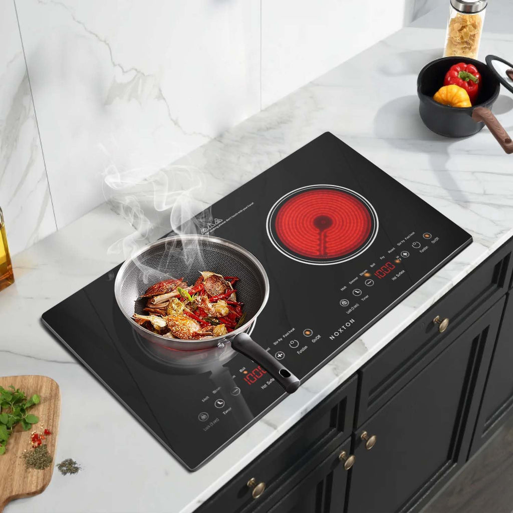 Noxton 2 Burners Electric Cooktop, 24' Built-in & Countertop Stove, Two Burner Ceramic Cooktop with Child Safety Lock, Timer, Touch Sensor Control, Portable 110V Plug-in Cooktop