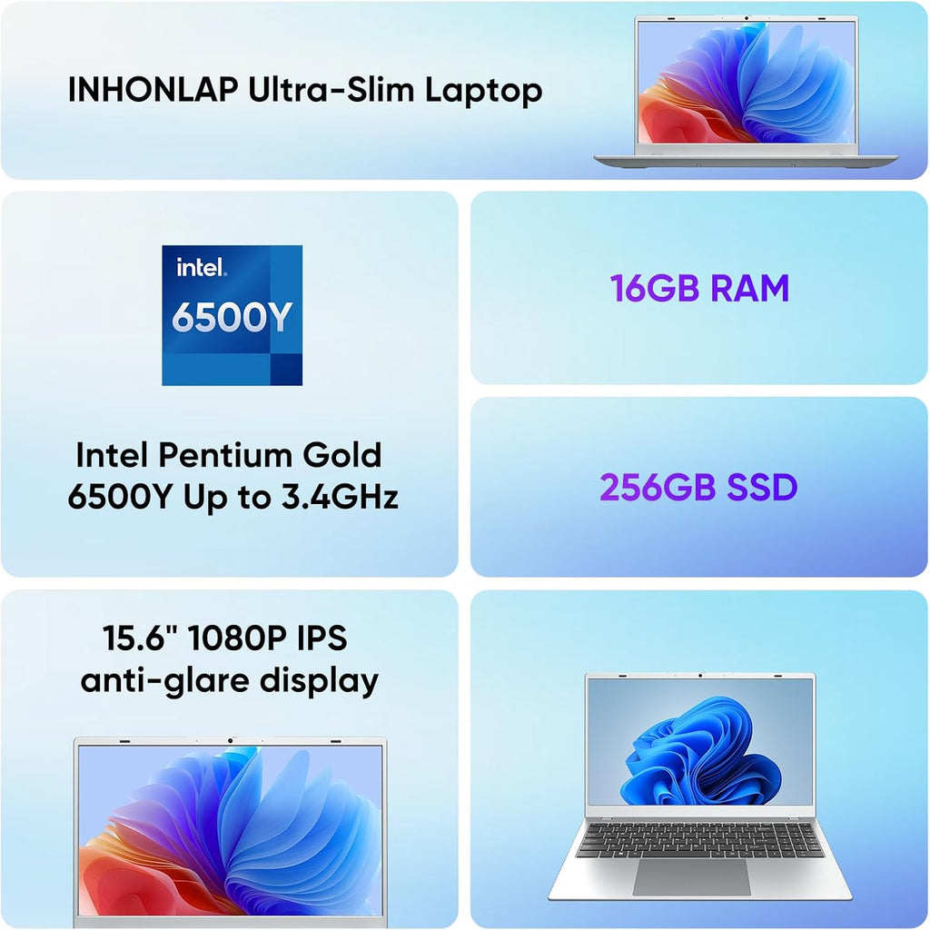 Laptop Computer, 16GB RAM 256GB SSD Laptops, 6500Y Processor (up to 3.4GHz), 15.6' FHD IPS Display, Laptop for Student and Business, WiFi 5, BT 5.0, Sliver