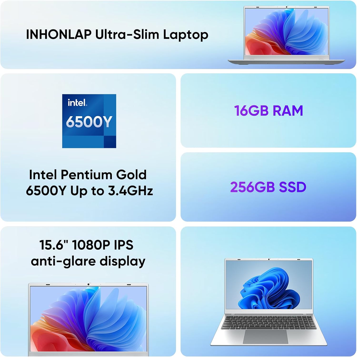 Laptop Computer, 16GB RAM 256GB SSD Laptops, 6500Y Processor (up to 3.4GHz), 15.6' FHD IPS Display, Laptop for Student and Business, WiFi 5, BT 5.0, Sliver