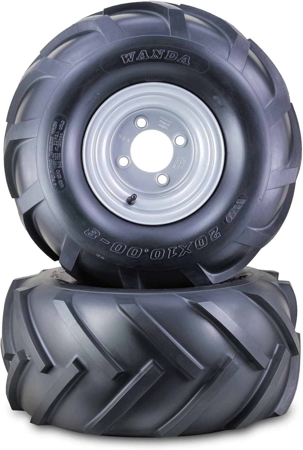 WANDA Lawn Mower Tractor Tire Wheel Assembly 20X10-8 4-Ply with 4 Lugs on 4' PCD Silver Wheel-13071,SET 2