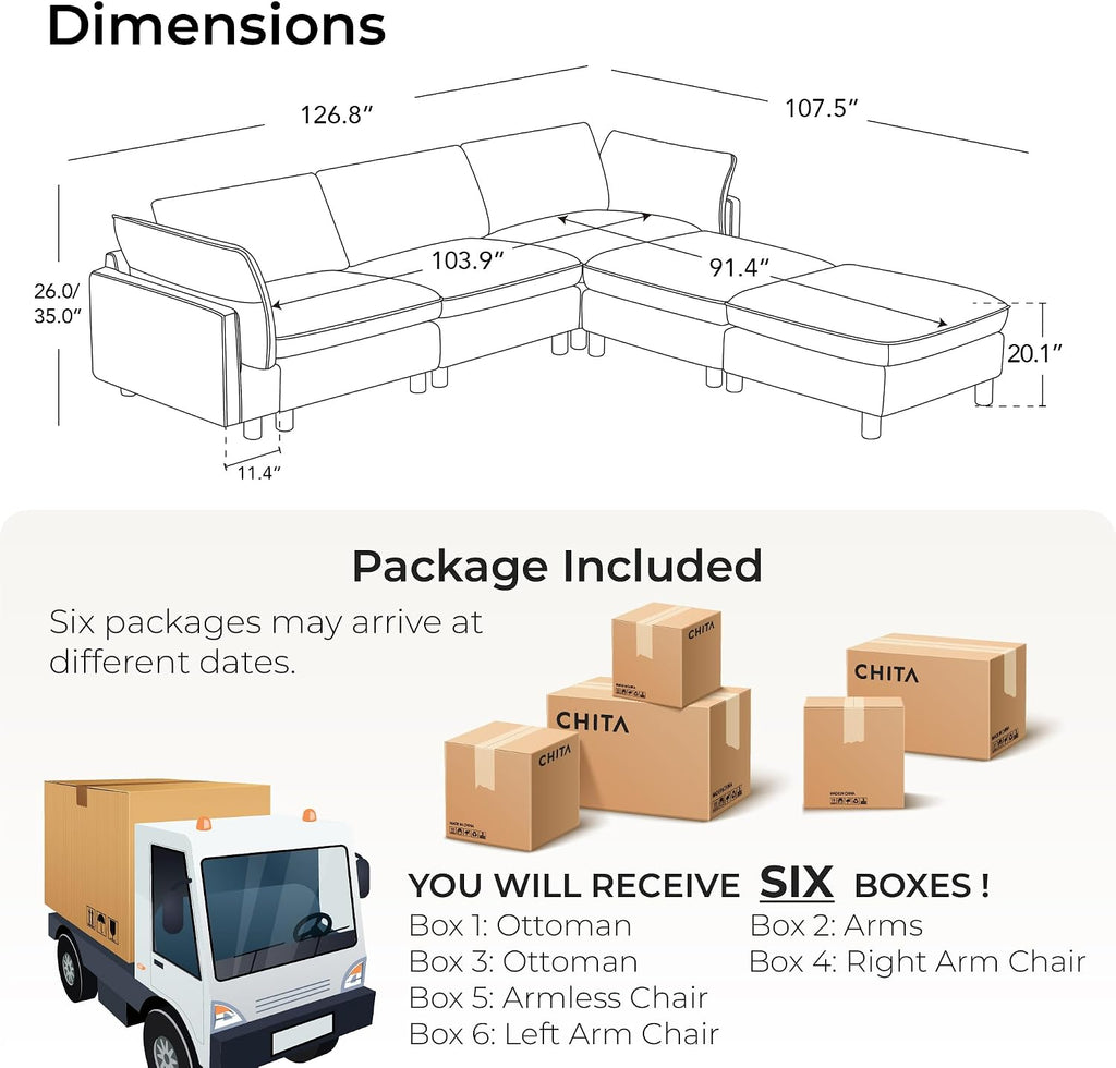 CHITA 127' Super Large Sectional Couches for Living Room, Modular Cloud Couch Sectional Sofa, Premium Fabric Couches, Down Filled, High Density Foam, Chenille in Cream, 5 Seat U Shaped