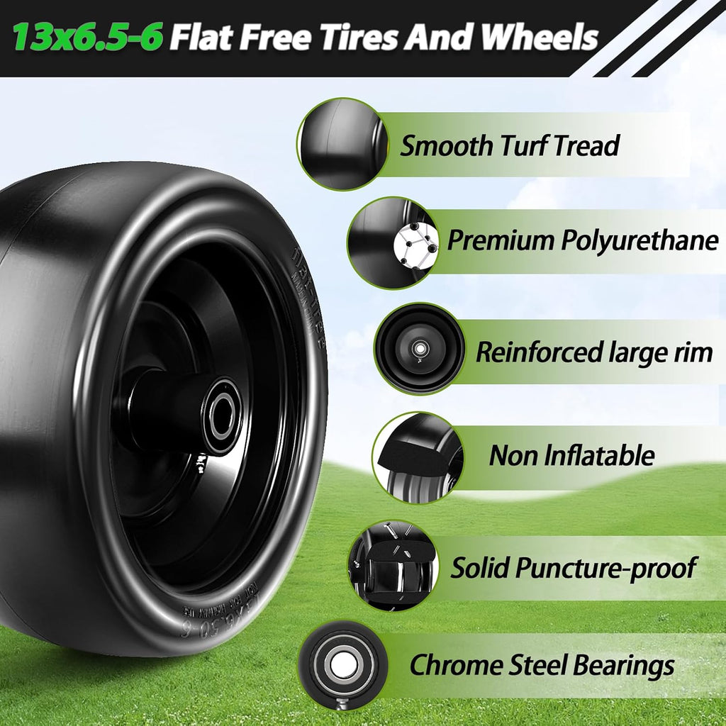 2 Pcs Upgrade 13x6.50-6 Lawn Mower Tires Flat Free,13x6.5-6 Tire and Wheel with 3/4'& 5/8' Bearing,5.5'-7.5' Centered Hub,13x6.5-6 Zero Turn Mower Front Tire for Residential and Commercial Garden Lawn