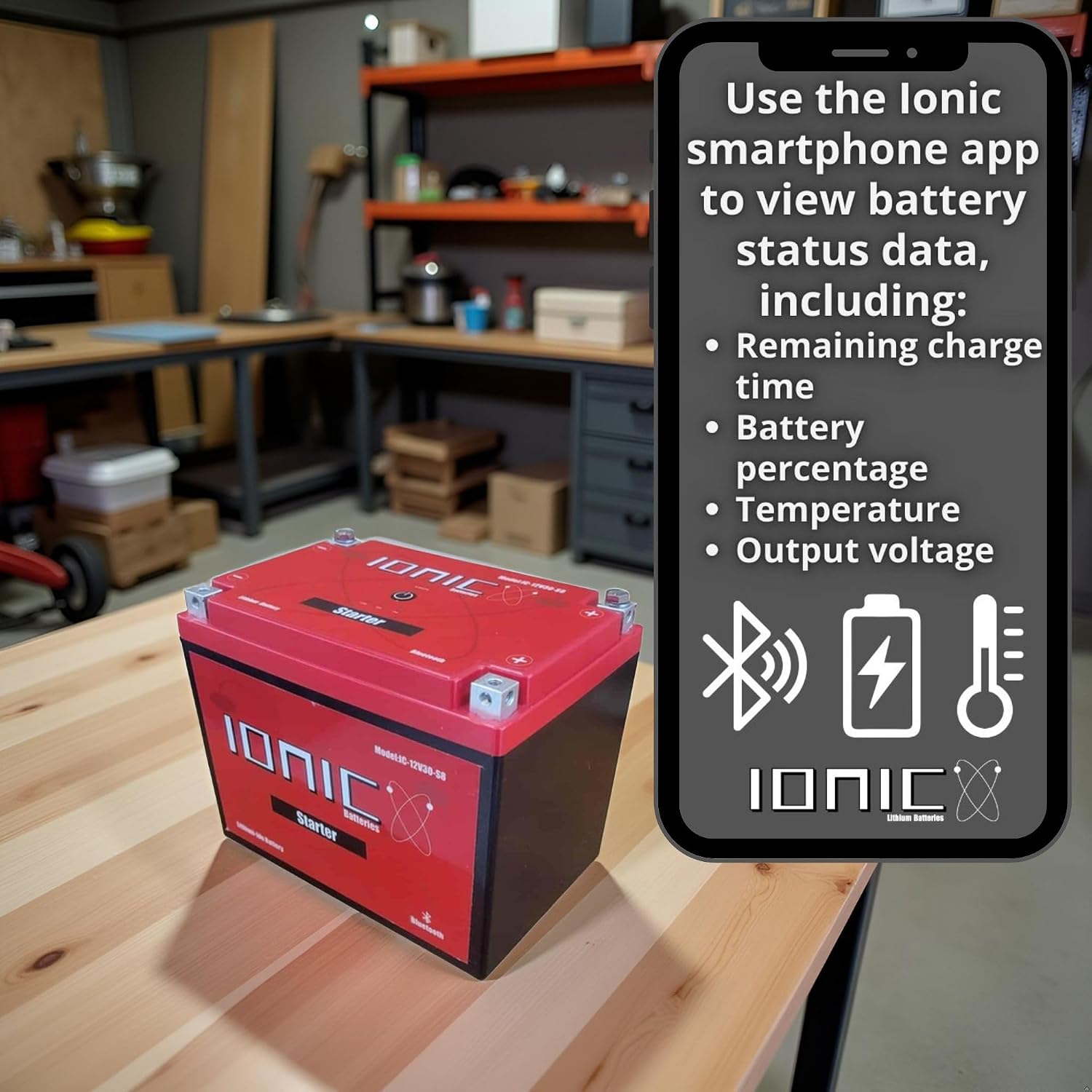 Ionic Lithium 12V Starter Battery for Zero-Turn Lawn Mowers and UTVs - 12V Group U1 Battery with 720CA - Bluetooth Capability - 4.4lbs - IC-12V9-S8-P