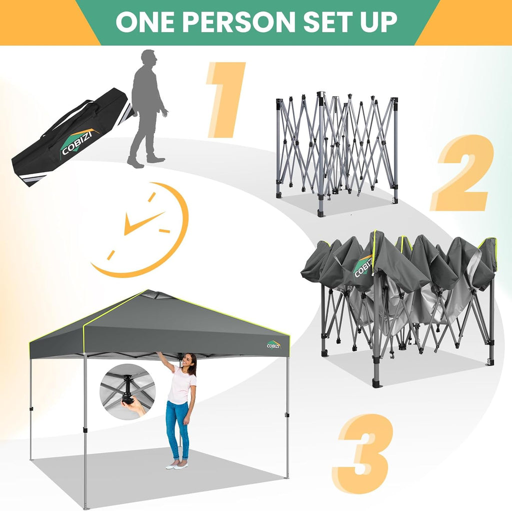 COBIZI 10x10 Pop Up Canopy Tent, Outdoor Party Tent with 4 Sidewall One Push Setup Glow, 3 Adjustable Height Air Vent Waterproof UPF50+, Bag, 4 Sandbag, 8 Stake, 4 Rope for Beach, Commercial