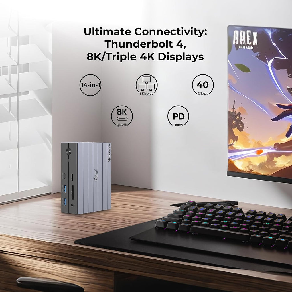 Rosewill 14-in-1 Thunderbolt 4 Certified, Laptop Docking Station with 100W Charging, 8K Display, Triple 4K Monitor Display for Windows and Mac, 135W Power Adapter & 40Gbps Data Transfer - RHUB-TB14