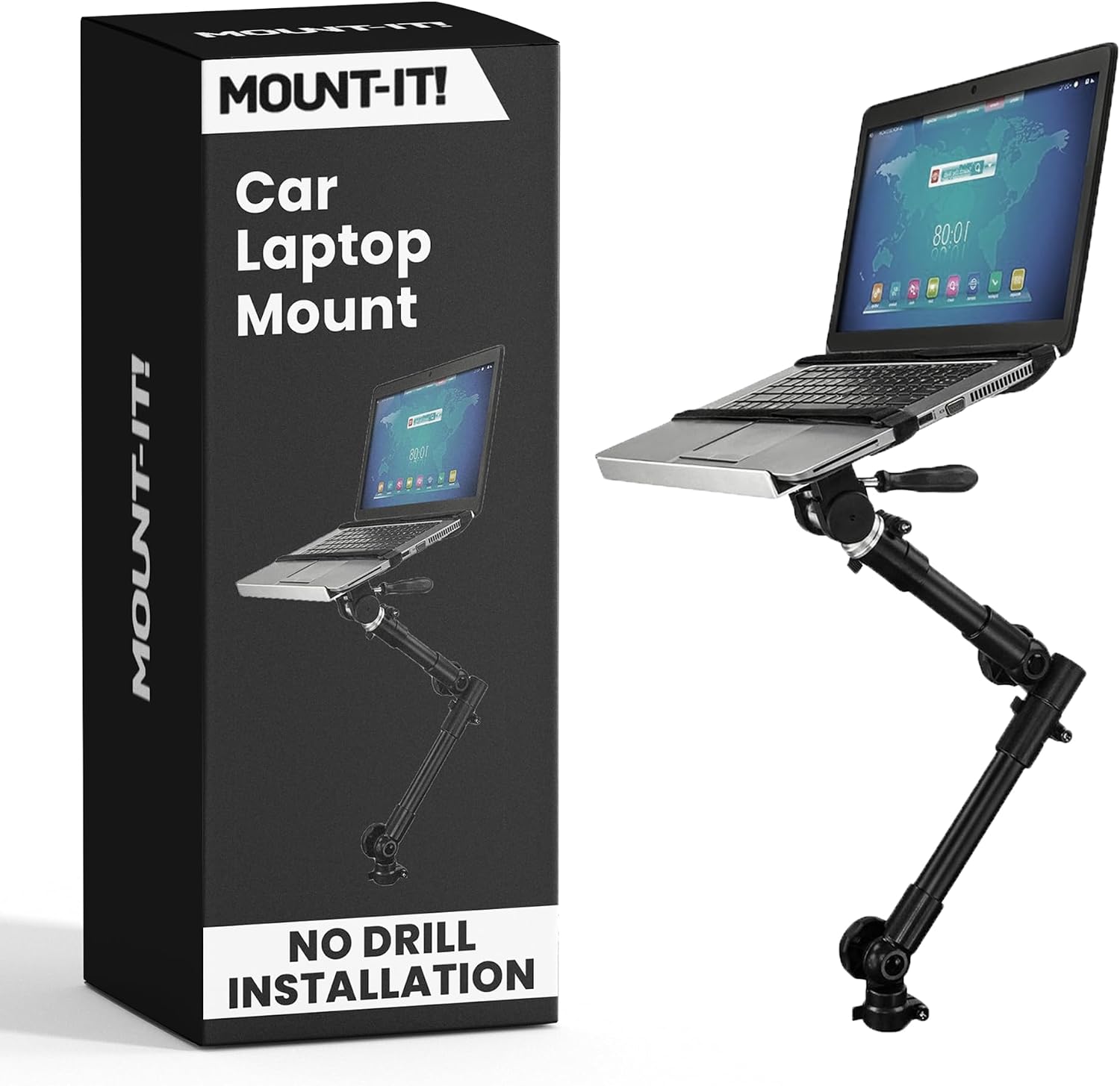 Mount-It! Car Laptop Mount, No-Drill Passenger Seat Laptop Stand for 12–15.4 Inch Laptops up to 9 lbs, Height Adjustable Full Motion Vehicle Laptop Mount