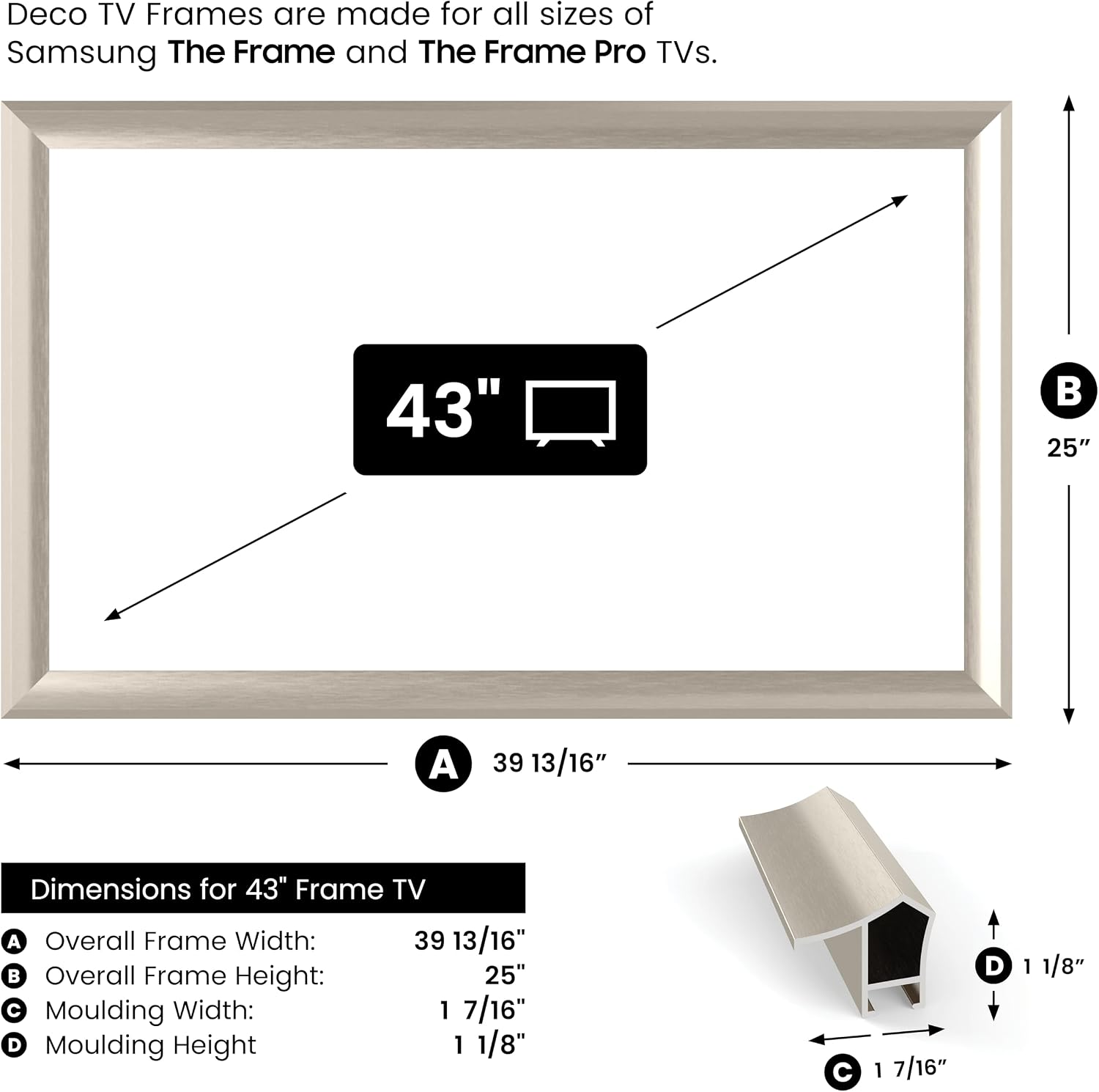 German Silver Prismatic 43' Alloy Deco TV Frame - Compatible ONLY with Samsung The Frame TVs (Fits 2021-2026, LS03A, LS03B, LS03C, LS03D, LS03FA)