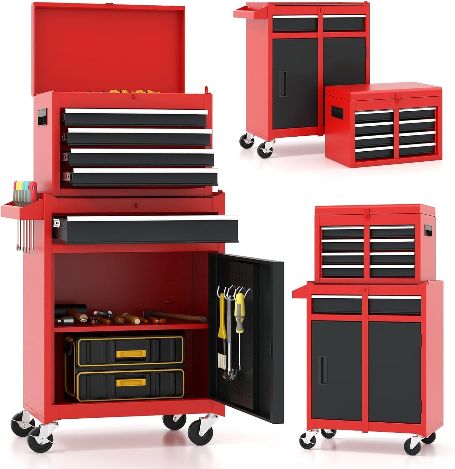 ARNOT 2-in-1 Rolling Tool Chest with 5 Drawers, Heavy-Duty Metal Tool Box with Wheels, Detachable Top Tool Box & Rolling Tool Cabinet for Garage, DIY, Mechanics, Red+Black