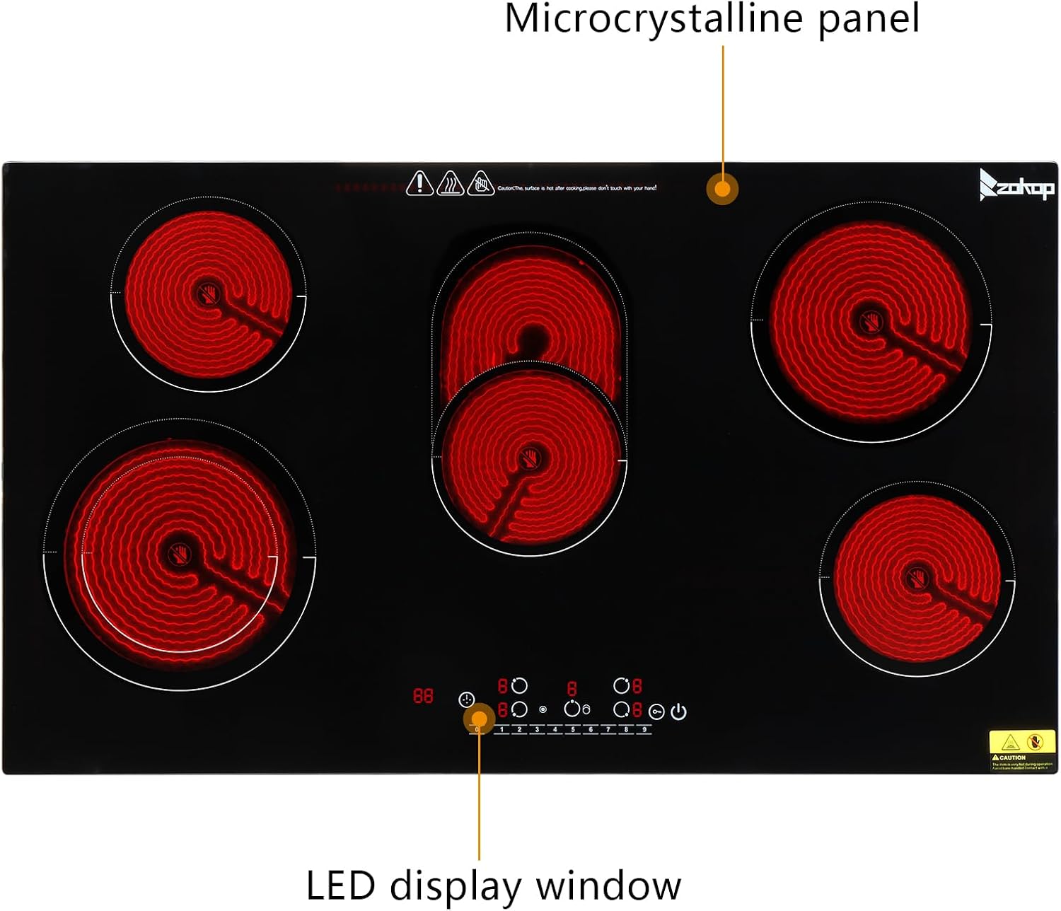 Winado 5 Burners Electric Ceramic Cooktop 35 inch, 220-240V Flat Top Stove, Multi-function Elecric Stovetop w/9 Heating Level, Timer & Kid Safety Lock, Sensor Touch Control, Timer Setting, 8600W