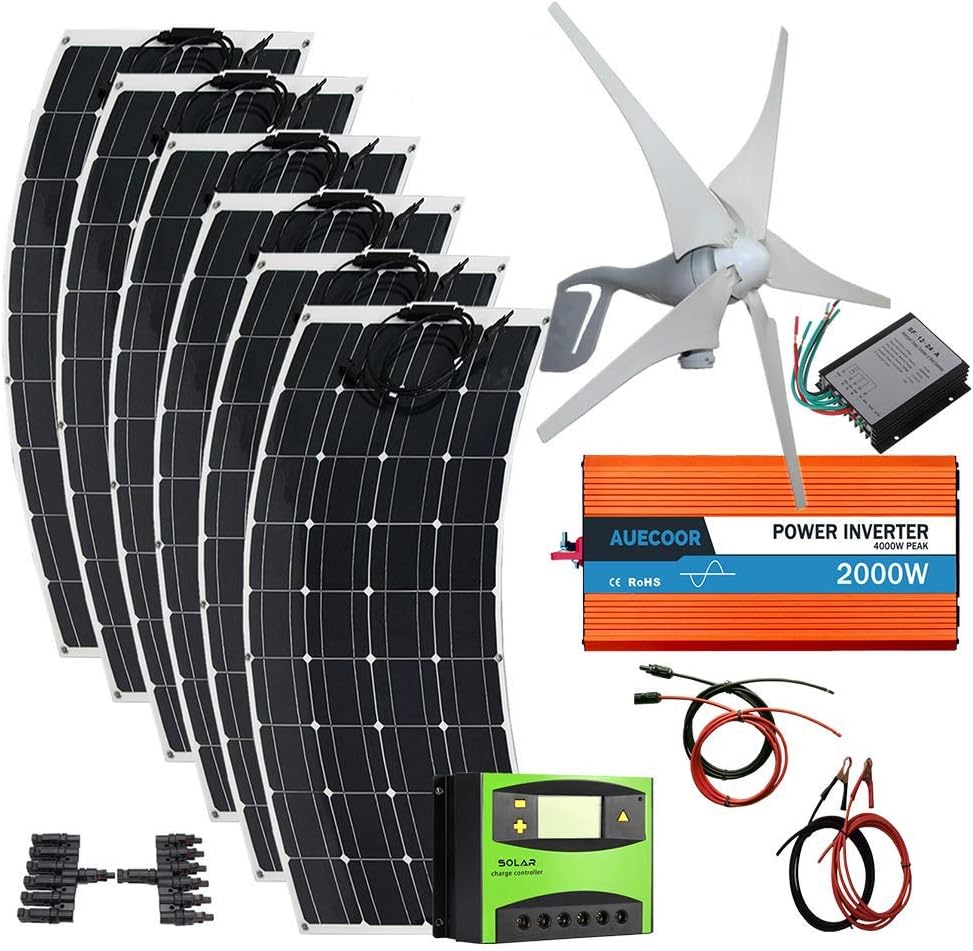 1000 Watts Wind Solar Powered System(Hybrid System Kit): 400W Wind Turbine Generator + 6pcs 100W Solar Panel + 2000W Pure Since Wave Inverter(Peak 4000W)+Accessories