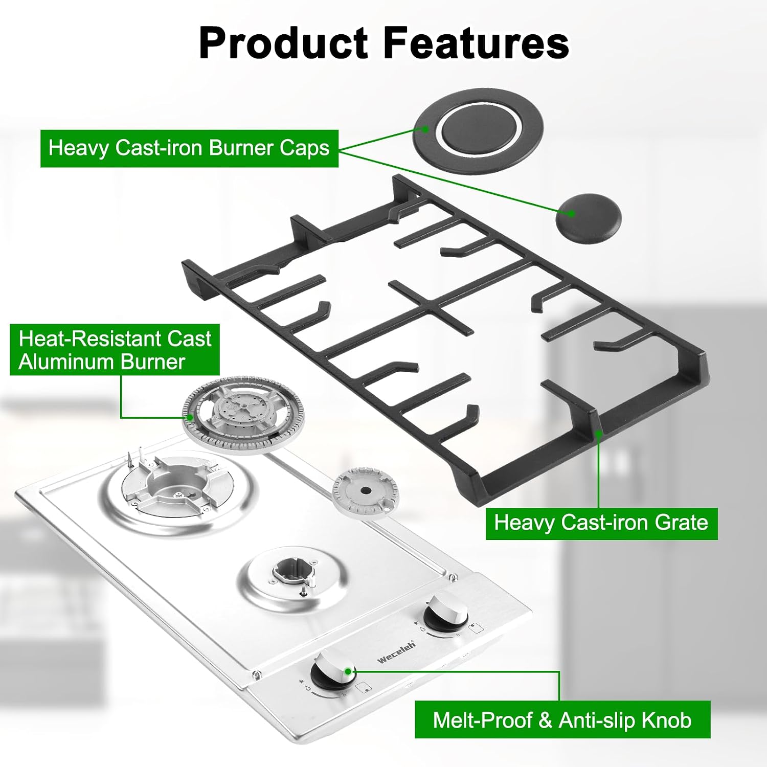 2 Burner Gas Cooktop, 12 Inch Built-in Gas Stove Top, NG/LPG Convertible Stainless Steel Propane Stove, Electronic Auto Ignition & Heavy-Duty Cast Iron Grates for Kitchen, Apartment, RV, Outdoor