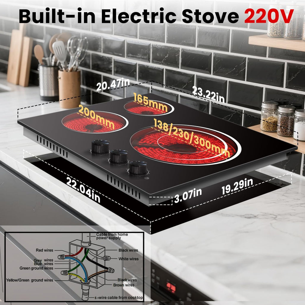 Electric Cooktop 24 Inch - 5700W 3 Burner Electric Stove with Knob Conrol, 220-240V Electrics Stove Top 24'', Built-in, Automatic Shutdown & 9 Heating Levels, Residual Heat Warning, Hard Wire