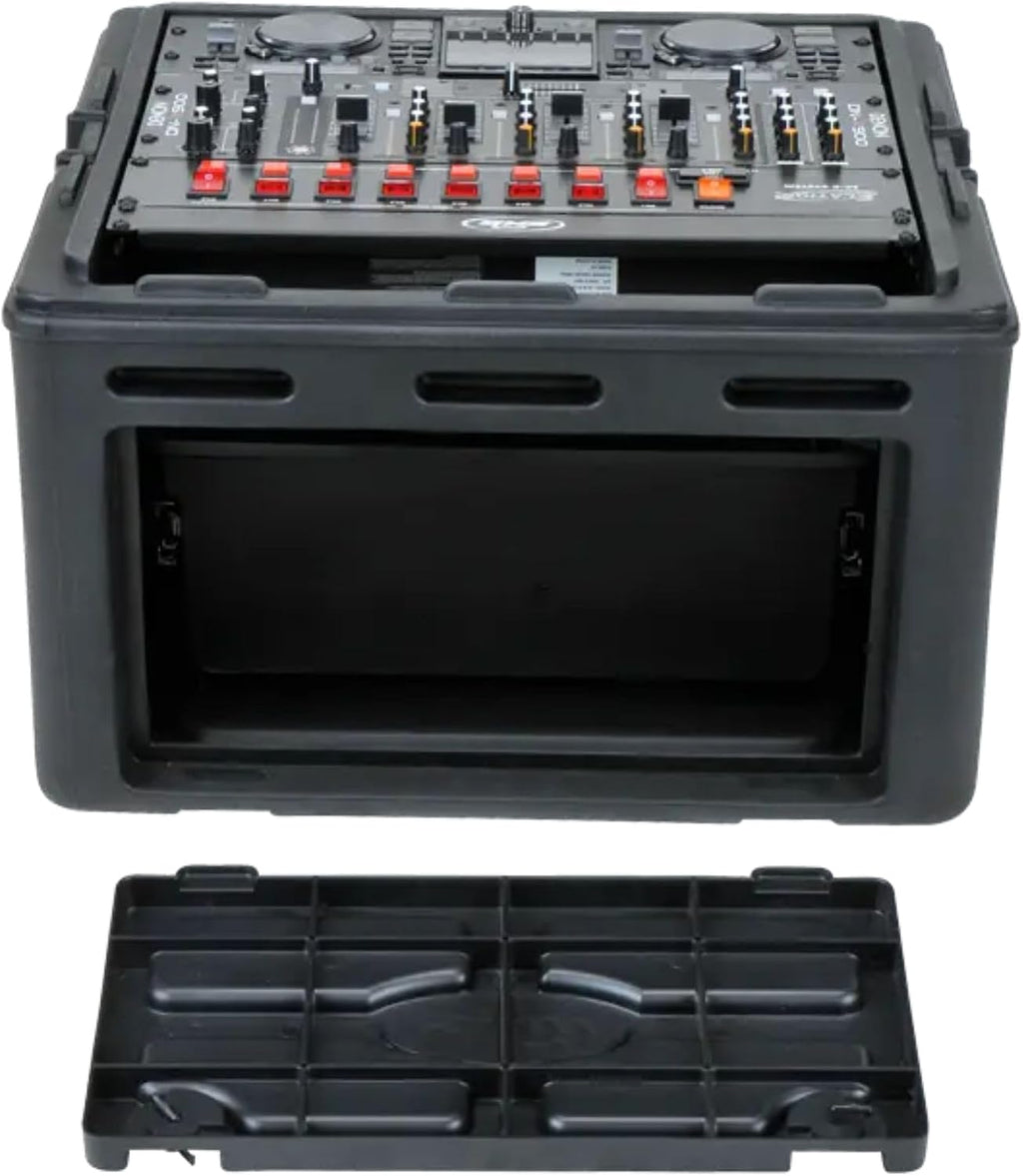 SKB Roto Rack/Mixer Console, 10U Slanted Rackmount on top, 4U Rackmount in Front with Steel Threaded Rails, Hard Lid and Doors and Side Access Ports