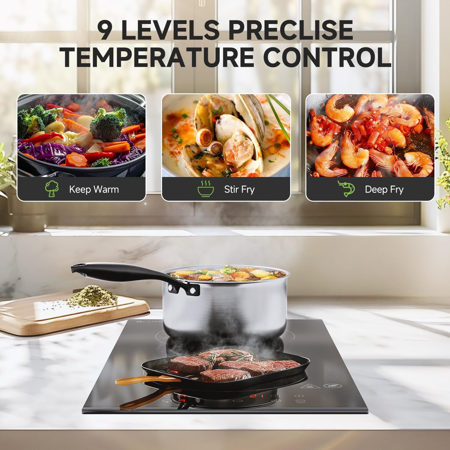 AMZCHEF Double Induction Cooktop with Removable Iron Cast Griddle & AMZCHEF Electric Induction Cooktop 2 Burners