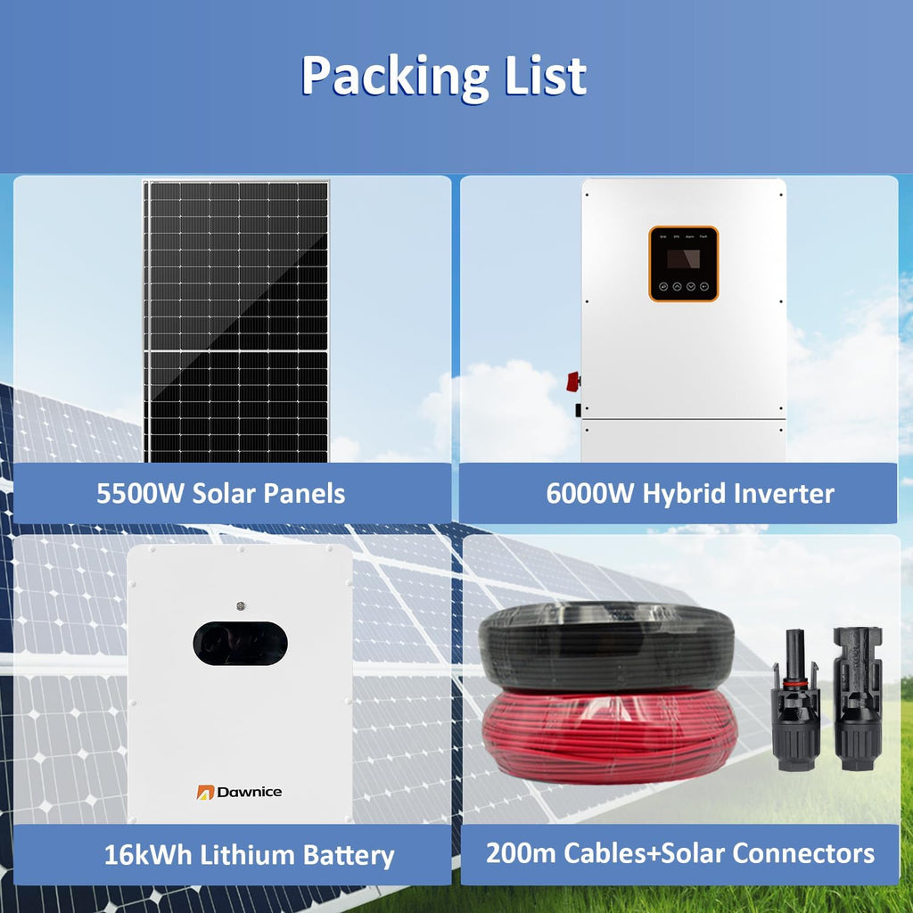 6KW Hybrid Solar System Complete Kit Off Grid On Grid, 10pcs 550W Bifacial Solar Panels 5500W, 6000W Hybrid Split Phase Inverter 120V/240V 48V, 51.2V 314Ah Wall Mounted Lithium Battery 16kWh Battery