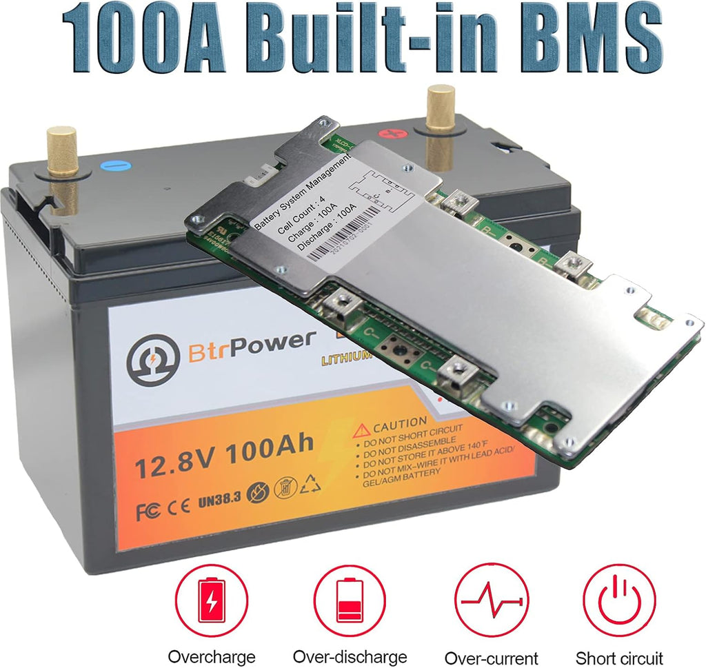 12V 100AH Lithium Battery,5000+ Deep Cycle LiFePO4 Battery with Built-in 100A BMS fit for Home Storage,Trolling Motor,RV,Off-Grid System,Solar Power System,Marine
