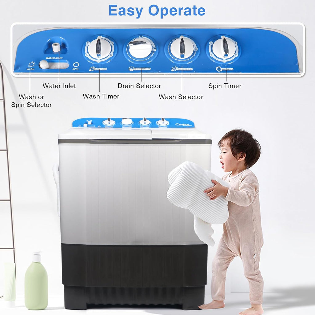 24Lbs Portable Washing Machine, Portable Washer and Dryer, Washer (16Lbs)& Spin(8Lbs)2 in 1 Twin Tub Washer Compact Machine with Drain Pump