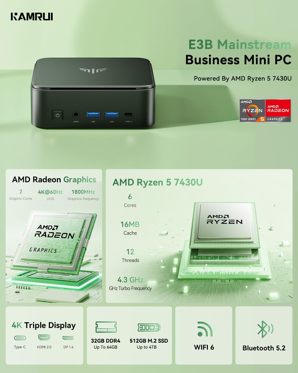 KAMRUI Mini PC, E3B 32GB RAM 512GB SSD Mini Gaming Computers AMD Ryzen 5 7430U Micro Desktop Computer (Max 4.3GHz,6C/12T, Beat 5650U), Small PC Support WiFi 6, BT5.2, Triple Display for Office Home