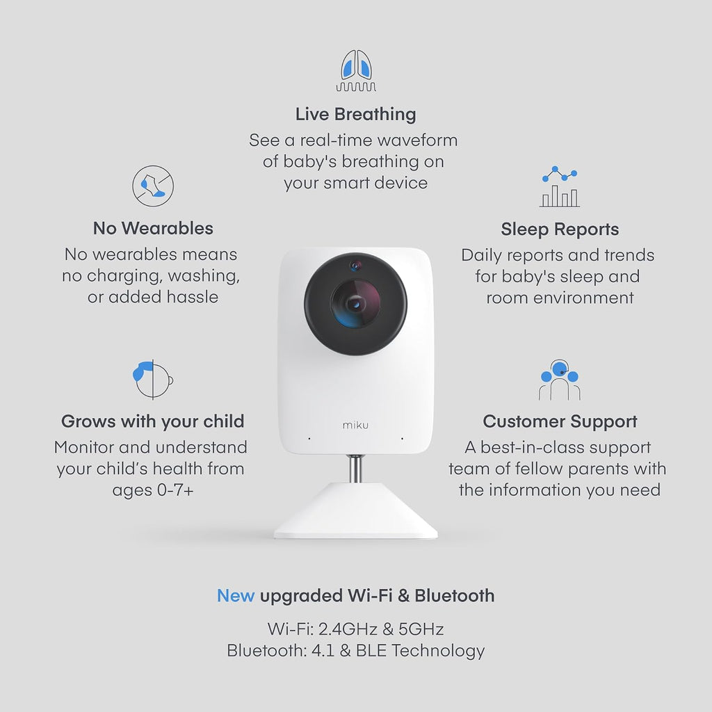 Miku Pro Smart Baby Monitor with Camera, Track Live Breathing with No Wearable, Real-Time Alerts, Sleep Analytics, 1080p Wi-Fi Video, Night Vision, and 2-Way Audio, Wall Mount Included