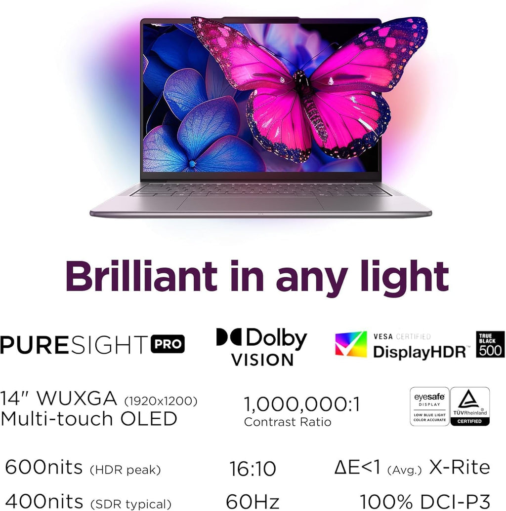 Lenovo Slim 7i Aura Edition Copilot+ PC with Intel Core Ultra 7 258V Processor, 14' 100% DCI-P3 OLED Touchscreen, 32GB LPDDR5X-8533MT/s Memory, 1TB SSD, Wi-Fi 7, 5MP RGB+IR Cam, and Win 11 Pro