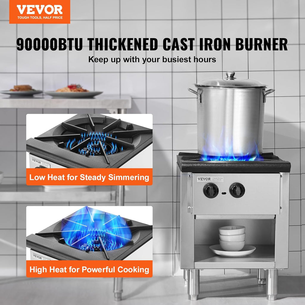VEVOR Commercial Gas Stove with Cabinet, Propane and Natural Gas Countertop Cooking Stove Range, Stainless Steel Gas Hot Plate, Commercial Cooking Equipment for Restaurant, 90,000 BTU