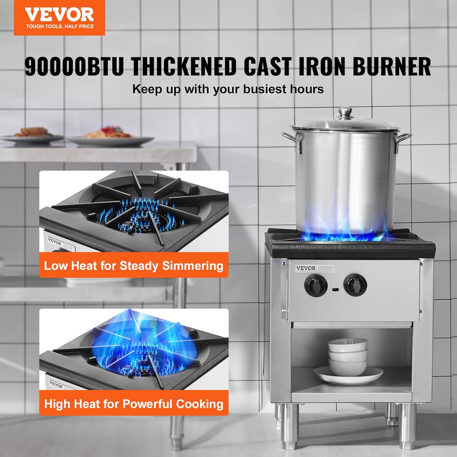 VEVOR Commercial Gas Stove with Cabinet, Propane and Natural Gas Countertop Cooking Stove Range, Stainless Steel Gas Hot Plate, Commercial Cooking Equipment for Restaurant, 90,000 BTU