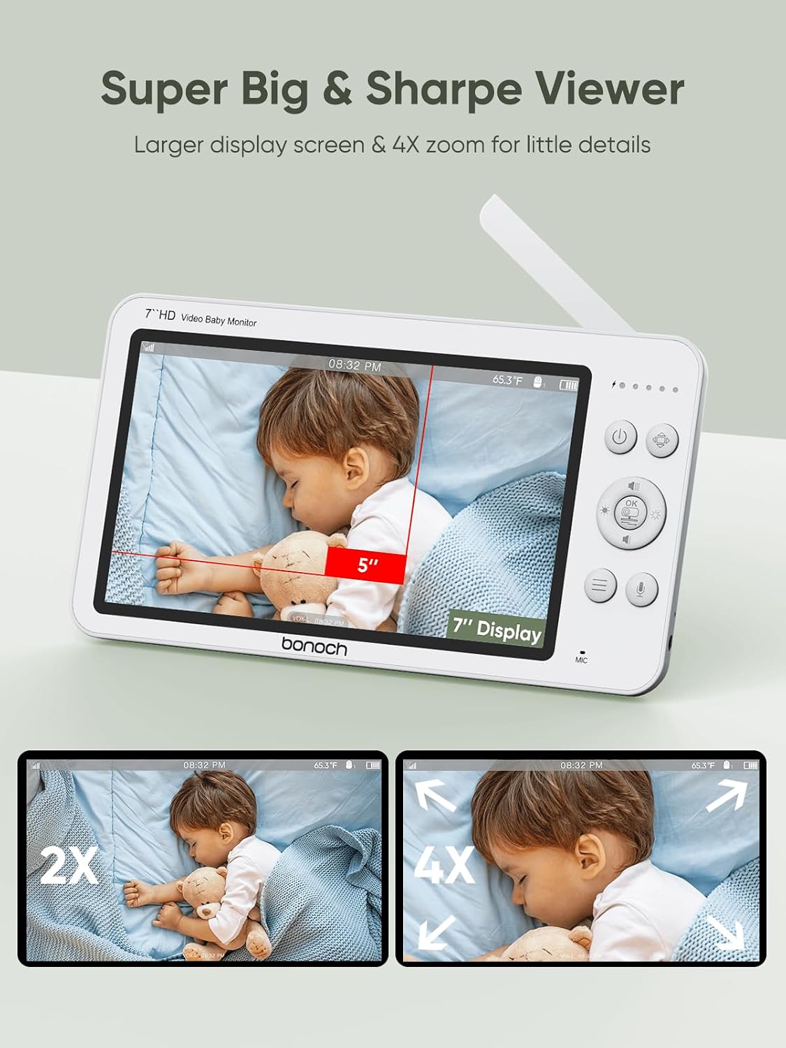 bonoch 7' 720p HD Baby Monitor Parent Unit Replacement, for BBM01/ BBM03/ BBM05, Type C Port, Camera not Included