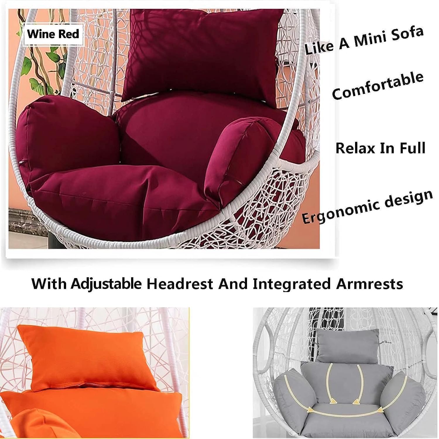 ETomey Hanging Basket Chair Cushion, Egg Chair Replacement Cushion, Waterproof & Sun-Resistant, 8in Thick Memory Foam, 49'W x 58'L x 8'H, White, Boho Style, Indoor & Outdoor
