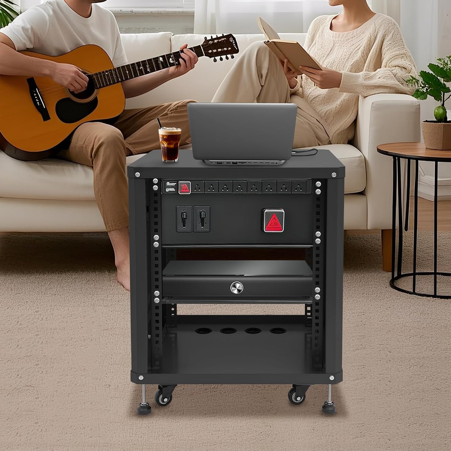 12U Network & Stereo Rack, Steel Open Frame Home Studio Rack with Caster Wheels, Video Stage Stereo Equipment Storage Cabinet Stand On Wheels