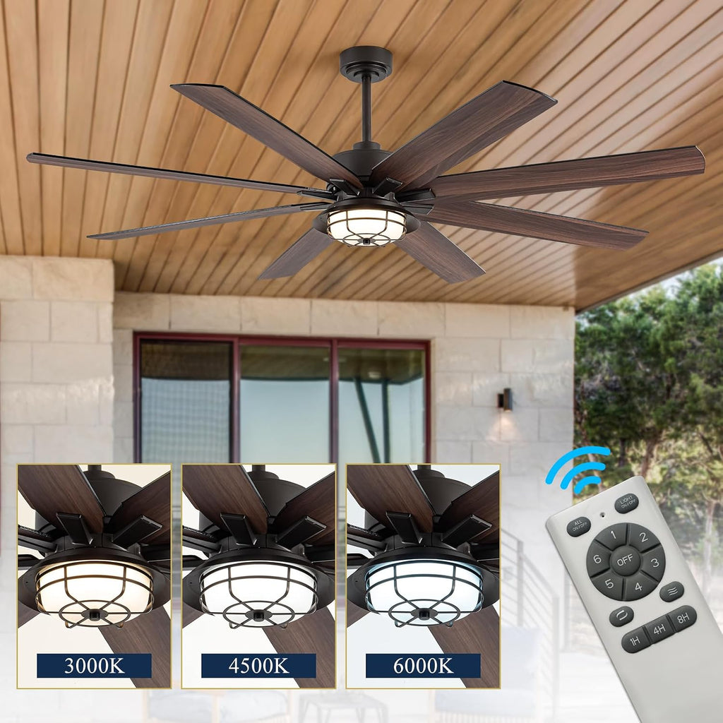 NORFOLK Outdoor Ceiling Fans with Lights, Waterproof Ceiling Fan and Remote for patios, 3 Color LED Lighting for Patios, Gazebos and Indoor, Wet Rated Farmhouse Style (60 Inch)