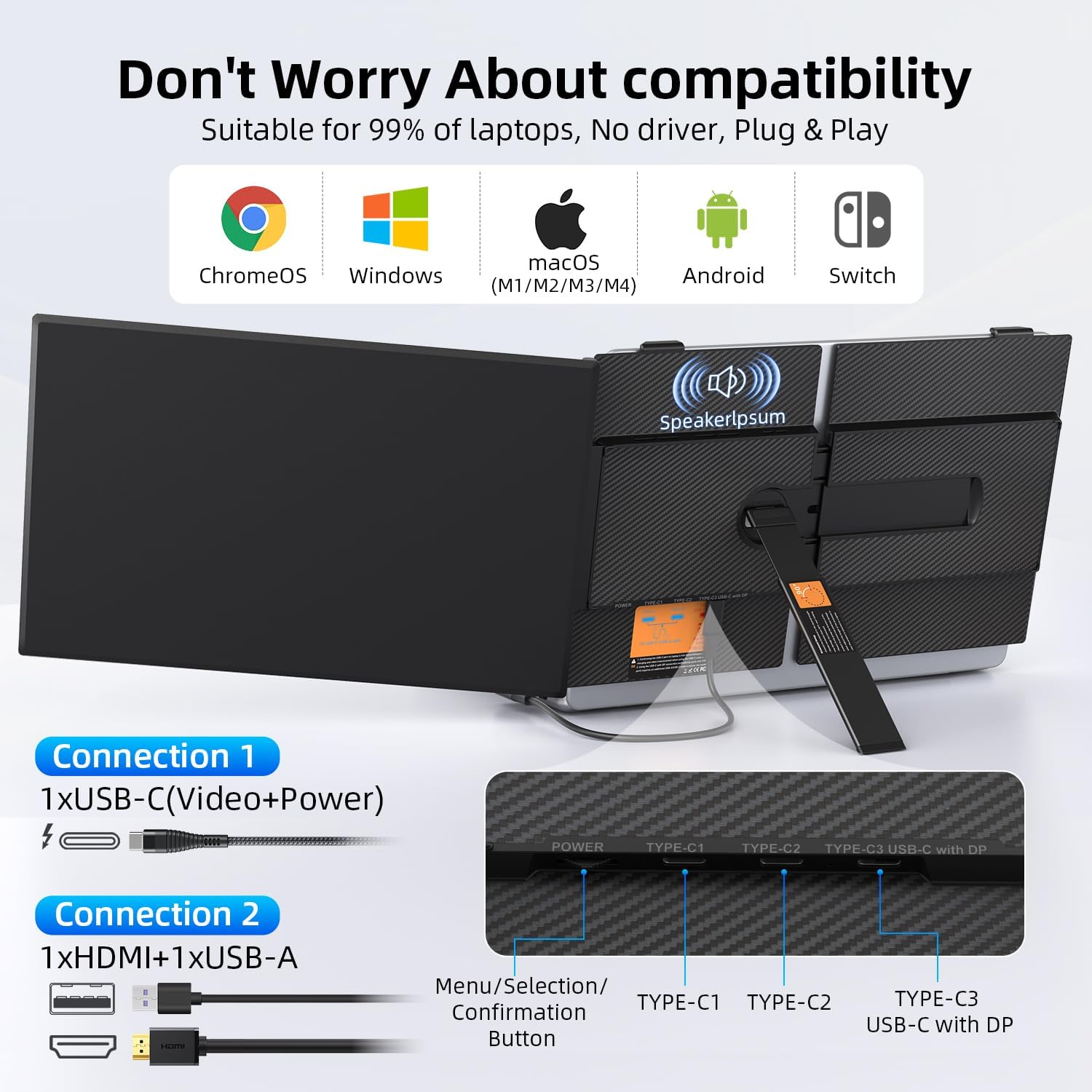 14' Dual Laptop Screen Extender with 1.3lbs - Ultra Thin Portable Monitor for Laptop Plug & Play, FHD 1080P Laptops Extended Monitor for 13'-17' Laptops, USB-C/HDMI Travel Display for Mac/Win