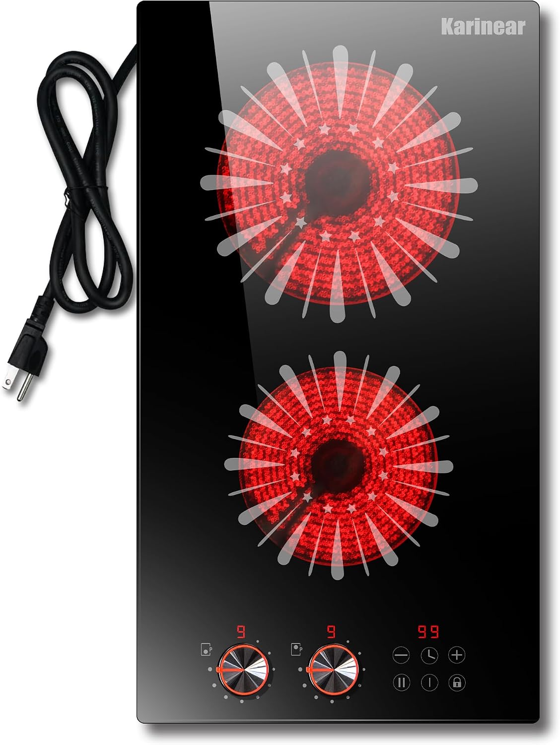 Karinear 110V Electric Cooktop 2 Burners, 12 Inch Electric Stove with Plug in, Countertop & Built-in Ceramic Stove Top, Knob and Sensor Touch Control, Multifunctional Radiant Stove