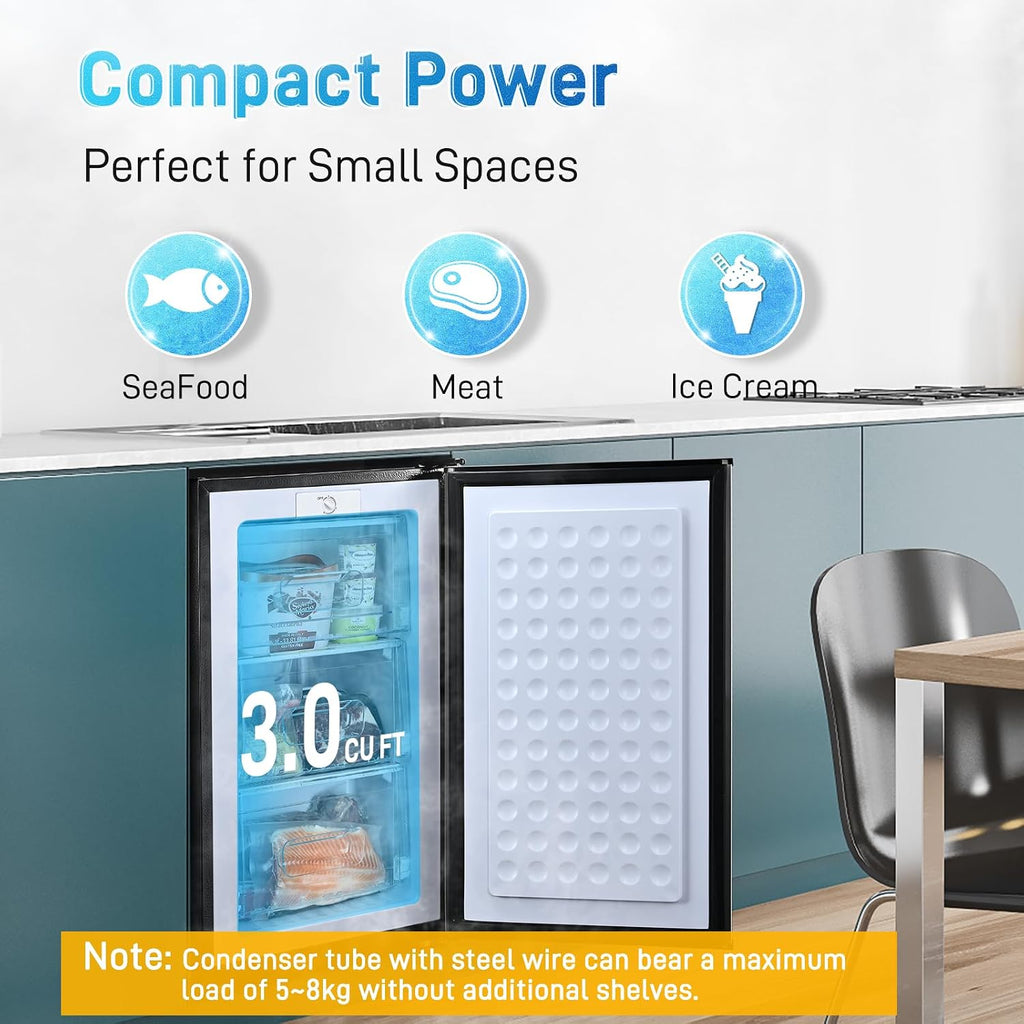 Anypro Compact Mini Upright Freezer 3 Cu.Ft with 3 Pull-down Drawer Doors and Adjustable Thermostat, Single Door Small Deep Standing Freezer Rapid Cooling for Home, Office, Dorm, Garage, Black
