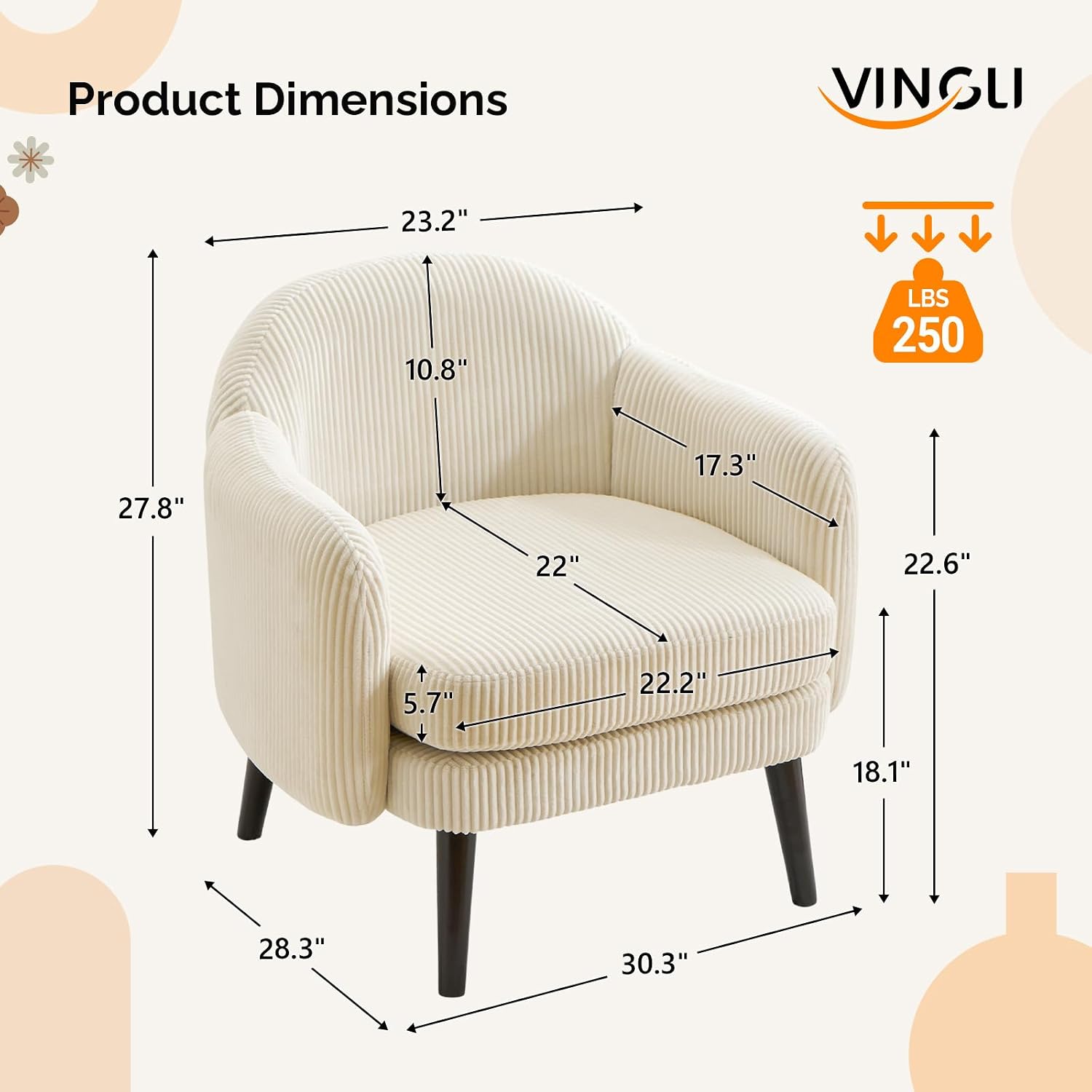 VINGLI 30.3' Wide Modern Barrel Accent Armchair with Track Armrest, Solid Wooden Legs, Comfy Upholstered Club Chair, Round Single Home Sofa for Living Room, Bedroom, Reading Room, Corduroy Beige