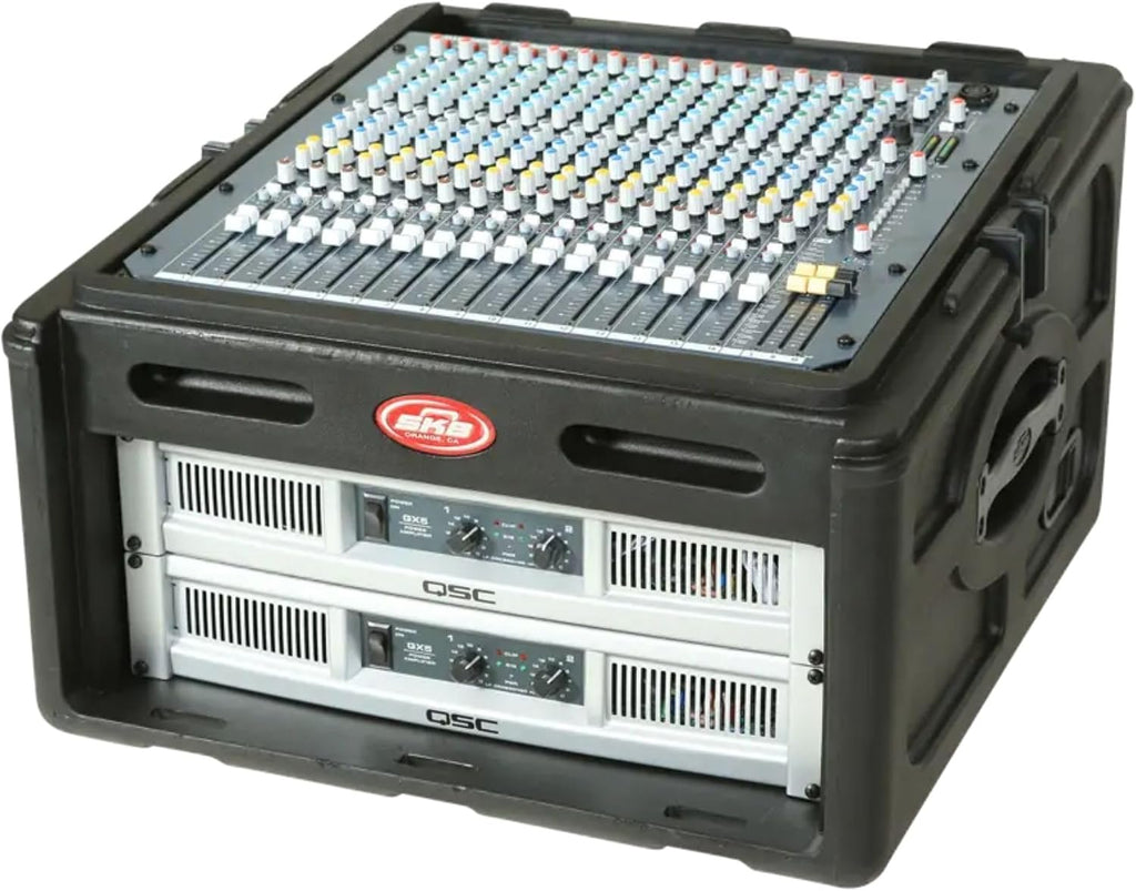 SKB Roto Rack/Mixer Console, 10U Slanted Rackmount on top, 4U Rackmount in Front with Steel Threaded Rails, Hard Lid and Doors and Side Access Ports