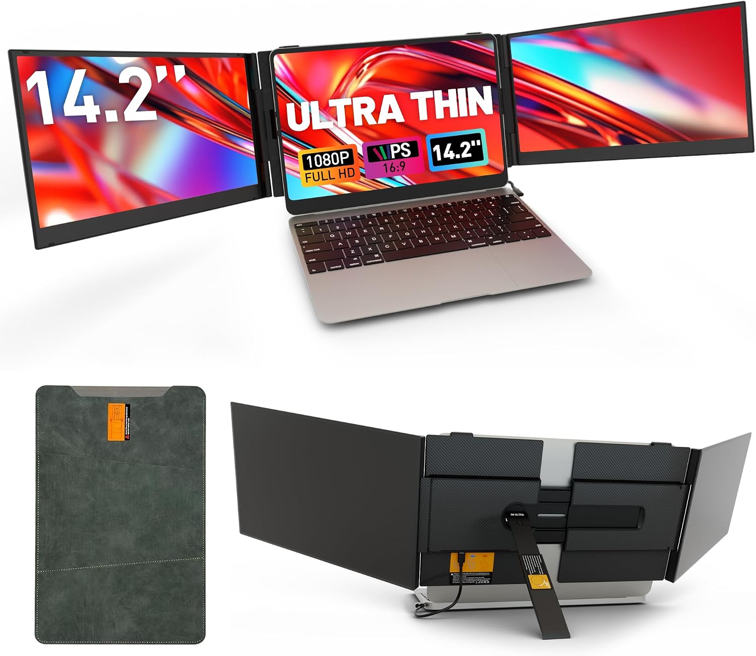 One Cable Connection Laptop Screen Extender Monitor Portable, Ultra Thin 14.2' 1080P FHD Lightweight Triple Screen,Fit for 13-17' Laptop, Plug & Play Compatiable with Win/Mac/Chrome/Android/Switch